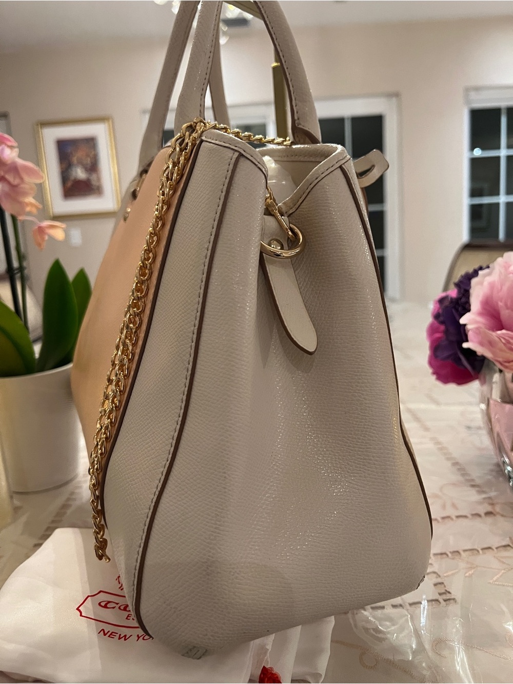 Coach Blush Peach Ivory Pebbled Leather Satchel Gold Chain Carryall Luxury - Picture 5 of 16